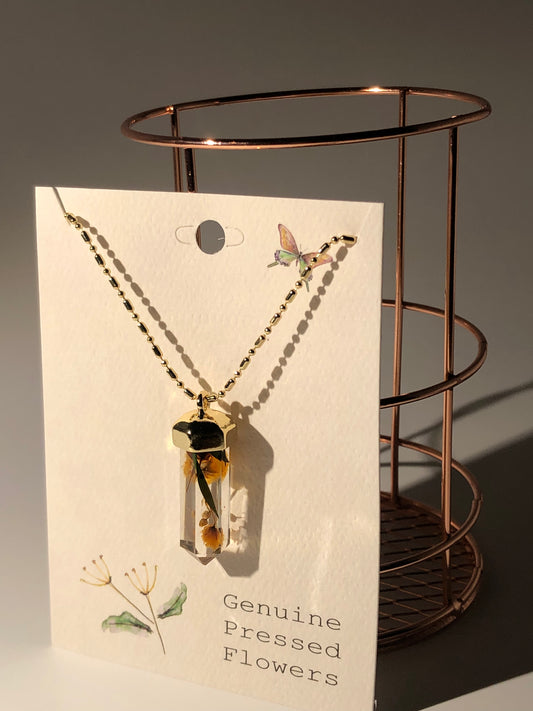 Cottage Floral Dried Yellow Flower Crystal Necklace